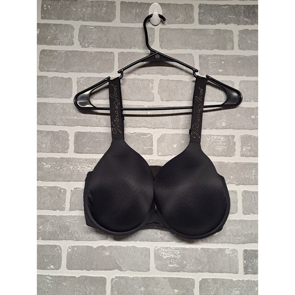 Victoria Secret Womens T-Shirt‎ Lightly Lined Black Bra Logo Strap Size 36DDD